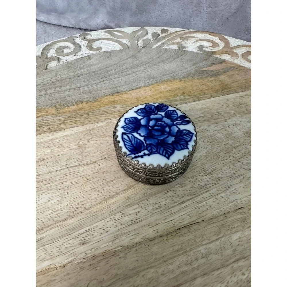 Vintage Blue Rose Trinket Box Silver Tone Ornate Lid Jewelry Keepsake